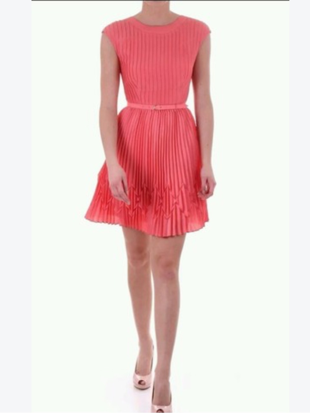Coral Ted Baker Belted Pleated Fit-and-Flare Dress